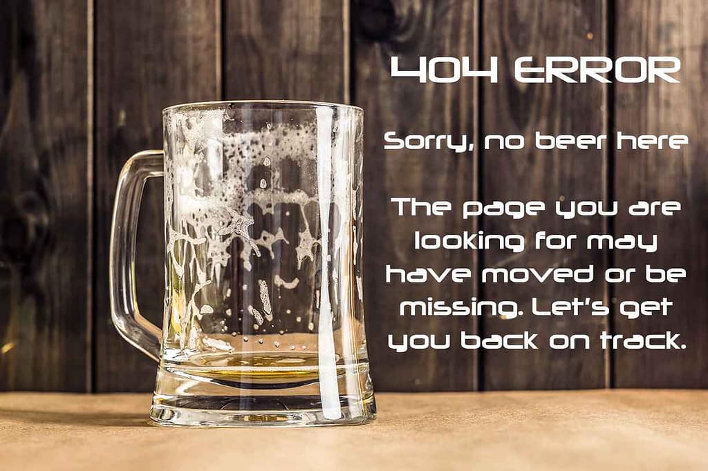 404 error screen with empty pint glass